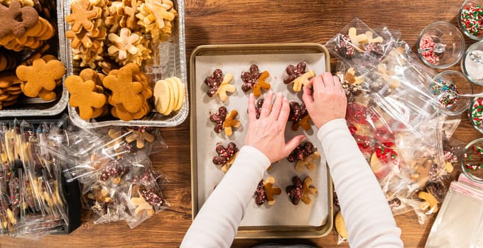 Carefully packaging Christmas cutout cookies, half-dipped in chocolate and presented in clear cellophane wrapping, perfect for festive gifting.