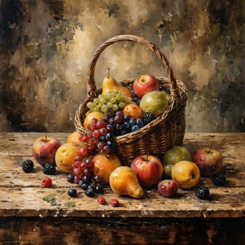 Beautiful still life watercolor painting of a rustic basket filled with fresh fruits, including apples, grapes, and pears, placed on a wooden table with a warm and textured background, creating a timeless atmosphere.