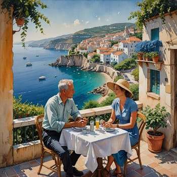 A couple enjoys refreshing drinks by a table overlooking a picturesque Mediterranean bay with a coast lined by vibrant houses and yacht-dotted waters, evoking a serene and romantic ambiance of travel and relaxation