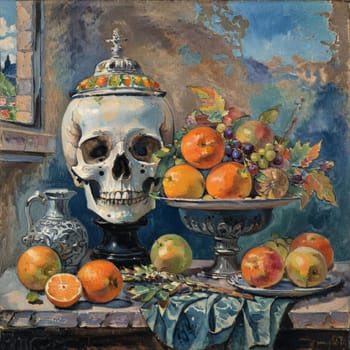 Surreal still life composition featuring a decorative skull amidst vibrant fruits, highlighting contrasts of life and mortality with vivid colors and detailed elements in a classic artistic style.