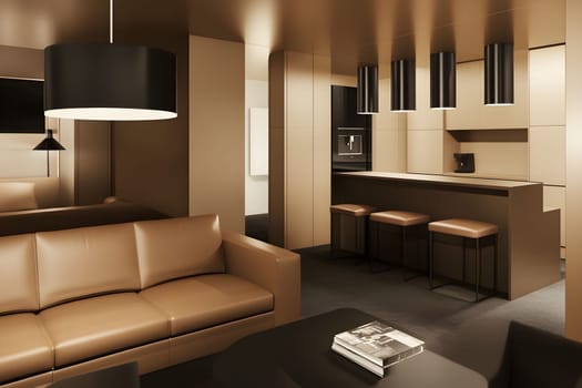 This contemporary living area showcases the 2025 color of the year, 17-1230 Mocha Mousse. Monochrome interior