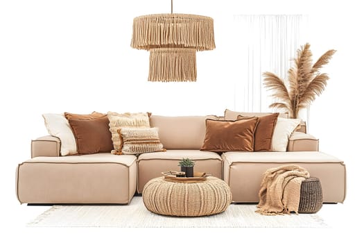Beautifully designed living room showcases a spacious sectional sofa adorned with soft cushions in rich colors. A chic fringed lamp hangs above, complementing the warm aesthetic.
