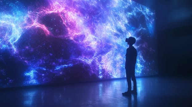 Digital interactive technology, teenager boy explores the world using VR headset, kid experience virtual reality, watches cosmos. Holographic glowing display
