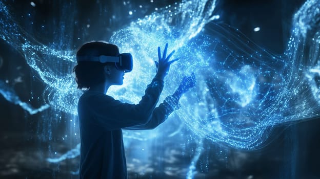 Modern digital interactive technology, teenager boy explores the world using VR headset, kid experience virtual reality. Holographic glowing display projecting image