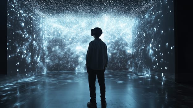 Modern digital interactive technology, teenager boy explores the world using VR headset, kid experience virtual reality. Holographic glowing display projecting image