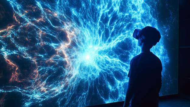 Modern digital interactive technology, teenager boy explores the world using VR headset, kid experience virtual reality. Holographic glowing display projecting image