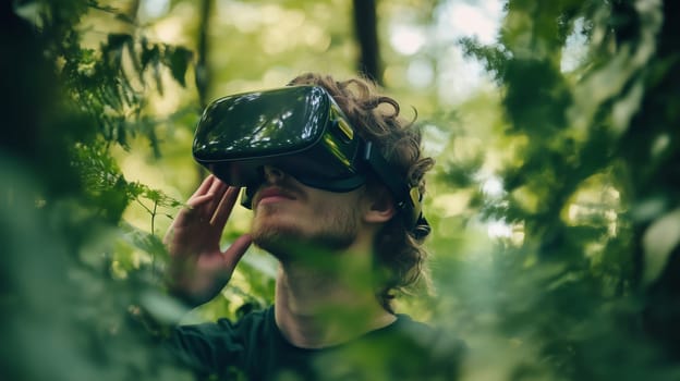 A young man wearing a VR headset stands in a lush forest with lush plants, engaging with a virtual reality recreation of nature