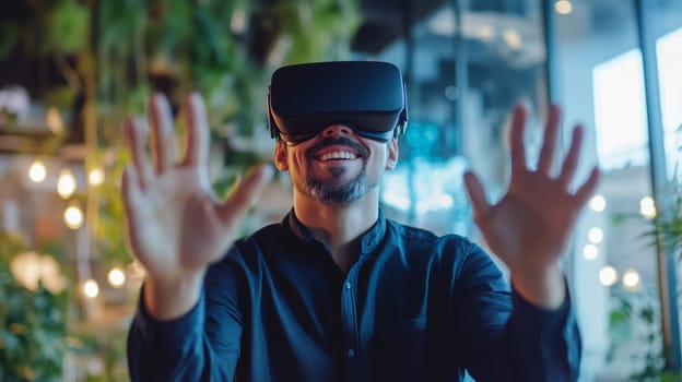 Businessman exploring virtual reality with hand gesture controls using VR headset in office