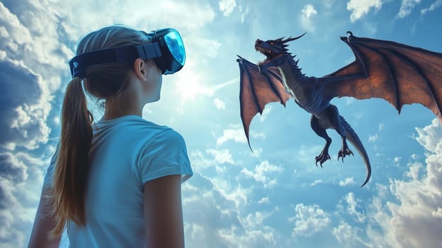 A girl with a VR headset looking at a dragon flying in a sky, enjoying a fantastical and immersive experience virtual reality in a magical VR world