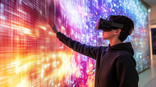 Modern digital interactive technology, teenager boy explores the world using VR headset, kid experience virtual reality. Holographic glowing display projecting image