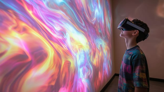Modern digital interactive technology, teenager boy explores the world using VR headset, kid experience virtual reality. Holographic glowing display projecting image
