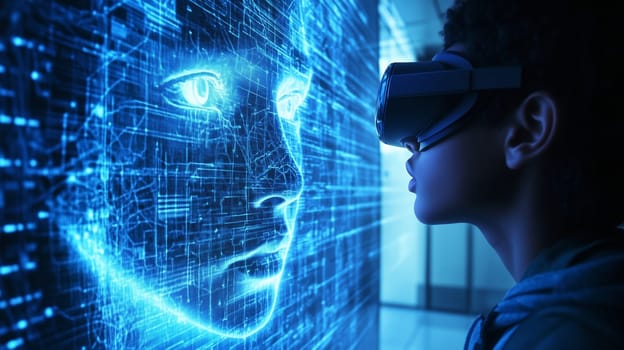 Modern digital interactive technology, teenager boy in a VR headset interacts with a digital face, artificial intelligence and virtual reality communication