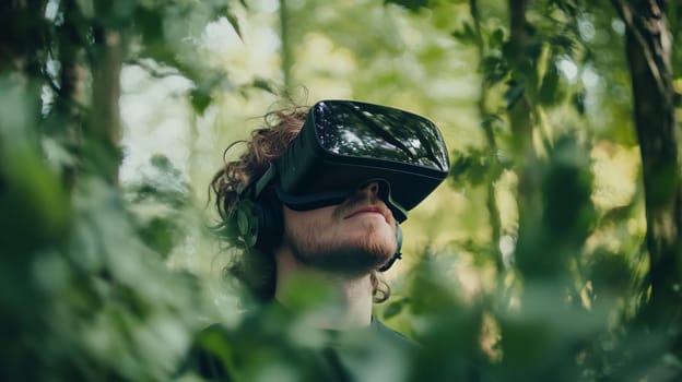 A young man wearing a VR headset stands in a lush forest with lush plants, engaging with a virtual reality recreation of nature