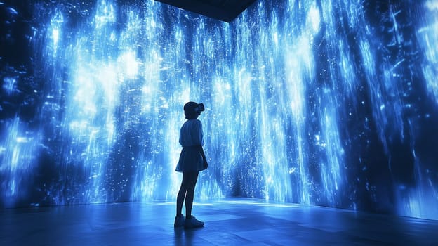 Modern digital interactive technology, teenager boy explores the world using VR headset, kid experience virtual reality. Holographic glowing display projecting image