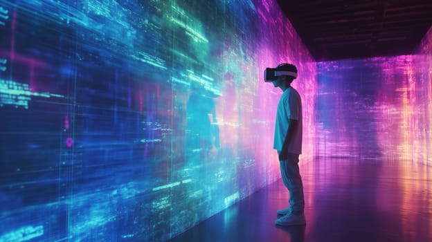 Modern digital interactive technology, teenager boy explores the world using VR headset, kid experience virtual reality. Holographic glowing display projecting image