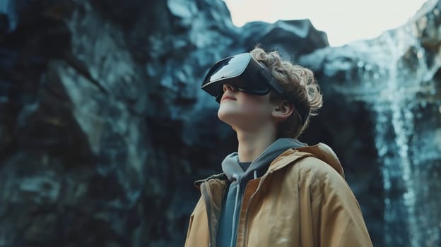 Teenager wearing virtual reality goggles experiencing immersive natural simulation with waterfall backdrop, blending outdoor adventure with digital technology