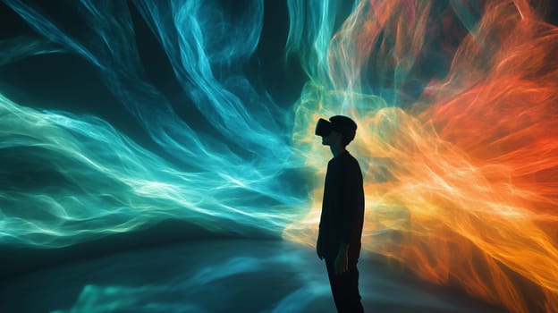 Modern digital interactive technology, teenager boy explores the world using VR headset, kid experience virtual reality. Holographic glowing display projecting image