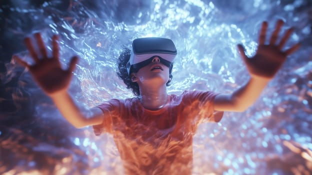 Modern digital interactive technology, teenager boy explores the world using VR headset, kid experience virtual reality. Diving, swimming