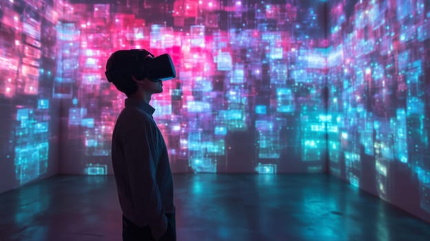 Modern digital interactive technology, teenager boy explores the world using VR headset, kid experience virtual reality. Holographic glowing display projecting image