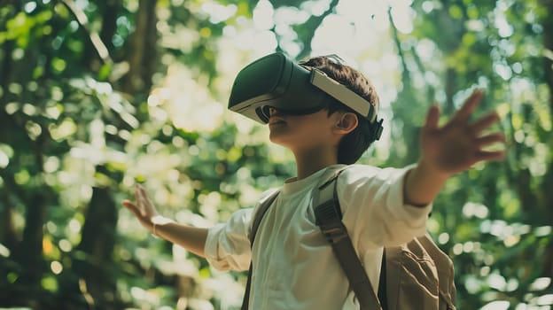 A young boy wearing a VR headset stands in a lush forest, engaging with a virtual reality recreation of nature