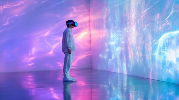 Modern digital interactive technology, teenager boy explores the world using VR headset, kid experience virtual reality. Holographic glowing display projecting image