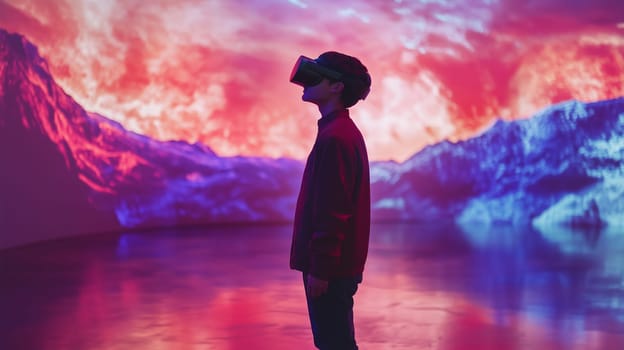 Modern digital interactive technology, a teenage boy wearing a VR headset stands before a futuristic digital landscape, fully immersed in a virtual world