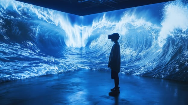 Modern digital interactive technology, teenager boy explores the world using VR headset, kid experience virtual reality, digital sea with waves