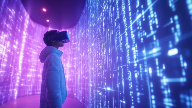 Modern digital interactive technology, teenager boy explores the world using VR headset, kid experience virtual reality. Holographic glowing display projecting image