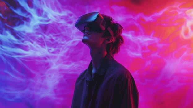 Modern digital interactive technology, teenager boy explores the world using VR headset, kid experience virtual reality. Holographic glowing display projecting image