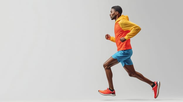 Sport, runner man jogging wearing colorful sportswear, male sportsman running on gray studio background, fitness and healthy lifestyle
