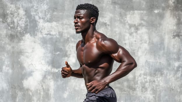 Sport, athlete runner man jogging, male sportsman running on gray wall background, fitness and healthy lifestyle