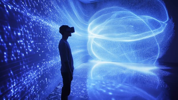 Modern digital interactive technology, teenager boy explores the world using VR headset, kid experience virtual reality. Holographic glowing display projecting image
