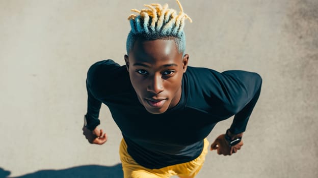 Sport, athlete runner man jogging in the city wearing sportswear, male sportsman running in urban setting, fitness and healthy lifestyle