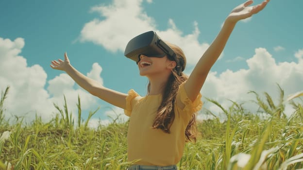 A young girl wearing a VR headset stands in a field with arms raised, immersed in a virtual reality nature experience