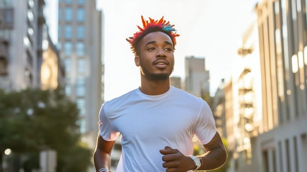 Sport, athlete runner man jogging in the city wearing sportswear, male sportsman running in urban setting, fitness and healthy lifestyle