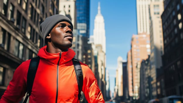 Sport, stylish athlete runner man wearing sportswear, backpack, male sportsman standing in the city against a modern urban background