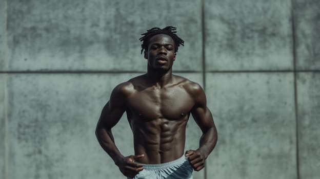 Strong muscular black sportsman bodybuilder, powerful muscle relief of African male athlete in urban setting against a gray wall background