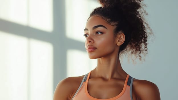 Portrait of beautiful confident black fitness woman in sportswear, African sportswoman posing on gray wall background