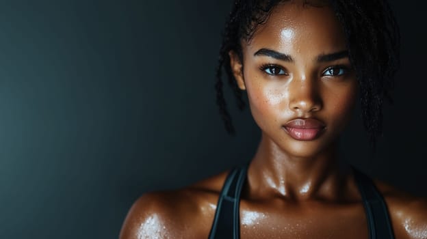 Portrait of beautiful confident black fitness woman in sportswear, sweaty African sportswoman posing on gray studio background