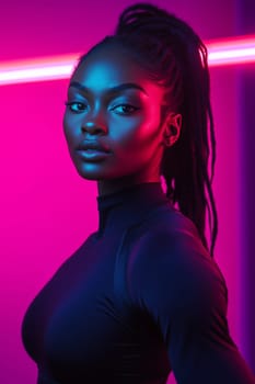 Portrait of beautiful confident black fitness woman in sportswear, African sportswoman posing in gym