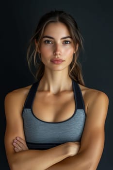 Portrait of beautiful confident fitness young woman in sportswear, sportswoman posing on black studio background