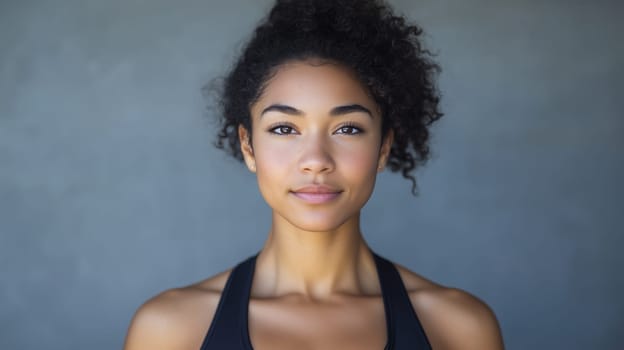 Portrait of beautiful confident black fitness woman in sportswear, African sportswoman posing on gray studio background
