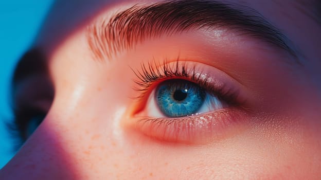 Beauty portrait close-up of attractive young woman, macro eyes, beautiful girl model, studio shot