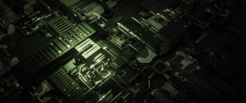 A close-up abstract rendering of a futuristic machine with intricate detail and complex circuitry, evoking themes of technology and innovation.