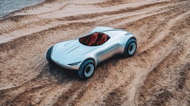 Futuristic silver concept car driving on sand dunes in a desert environment. This car is perfect for topics such as innovation, technology, and the automotive industry