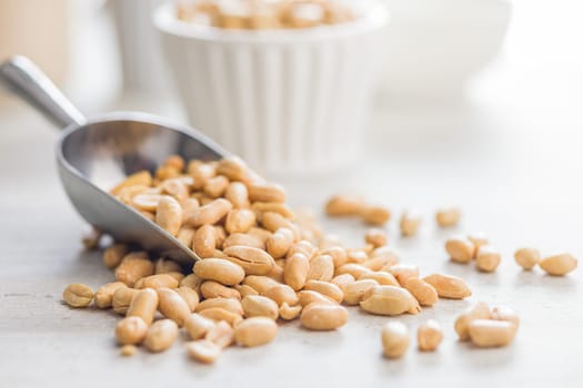 Roasted salted peanuts in scoop on a kitchen table