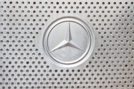 Kazan, Russia - October 28, 2017: Mercedes Benz logo on hood of construction truck, close up