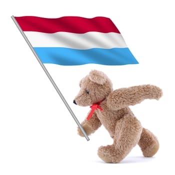 A Luxemburg flag being carried by a cute teddy bear