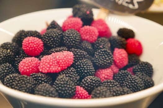 A bowl filled with vibrant black and red berries at a market showcase.