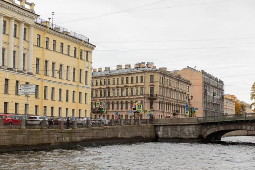 St. Petersburg, Russia, October, the Neva River, houses and bridges of the old city from a boat